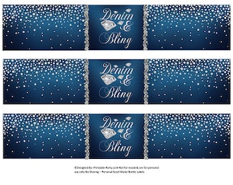 Printable Water Bottle Labels | Denim and Bling Diamond Birthday Party Drink Wrappers | Blue Jeans Glam Instant Download