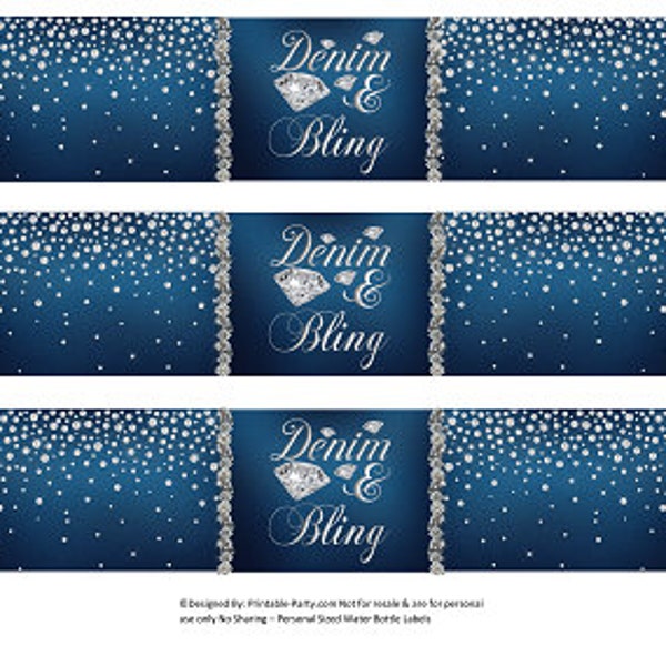 Printable Water Bottle Labels | Denim and Bling Diamond Birthday Party Drink Wrappers | Blue Jeans Glam Instant Download