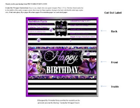 Printable Candy Bar Wrappers | Flower Floral Birthday Purple Silver Black White Stripes Chocolate Bar Labels | Instant Download Il_570xn