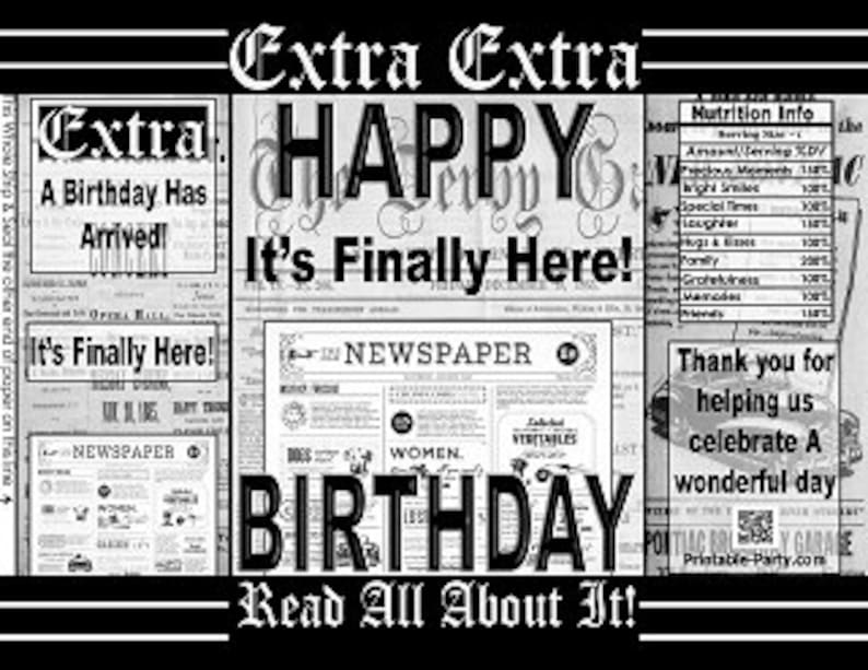 Vintage Newspaper Extra Extra Birthday Party Favor Black White Printable Potato Chip Bags