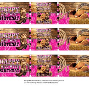 Printable Water Bottle Labels | Cowgirl Cowboy Western Wild West Birthday Party Drink Wrappers Pink Black Brown Wood | Instant Download