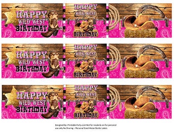 Printable Water Bottle Labels | Cowgirl Cowboy Western Wild West Birthday Party Drink Wrappers Pink Black Brown Wood | Instant Download