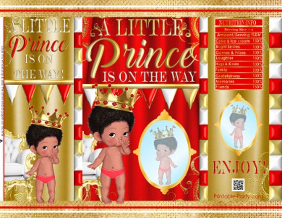 Printable Potato Chip Bags | Royal Red Gold White Prince Curly Afro | Ethnic African Amercian Boy | Baby Shower Favors Il_570xn