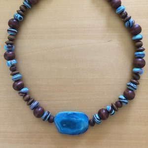 Teal Agate Slice with Lake Blue Striped Stone & Wood Rounds