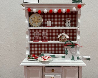 Dollhouse holiday Christmas hutch. One inch scale hand painted 1:12