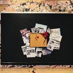 May include: A black corkboard with red push pins holding various papers and photos. The papers include a newspaper clipping, a photo of a UFO, and a map. The corkboard is on a pink and white splatter painted surface.