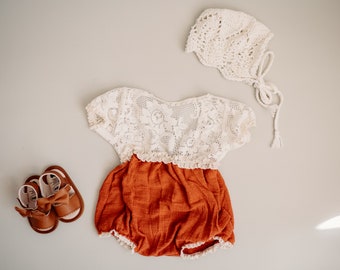 RTS Ready To Ship - Spice Baby Romper- Vintage Lace rust- Kid's size- boho inpsired- newborn outfit for Photographers Photoshoots