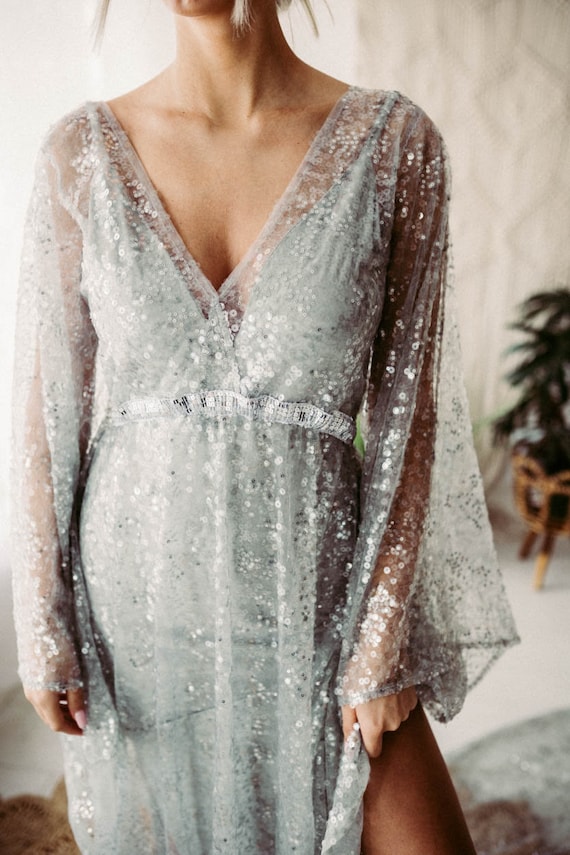 silver bell sleeve dress Demure Long Sleeve Open Back Dress Sequin Grey/Silver