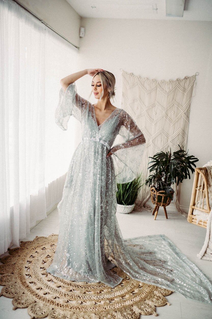 silver bell sleeve dress Silver Sequin Twilight Dress: Flutter Bell Sleeves, Medium Train