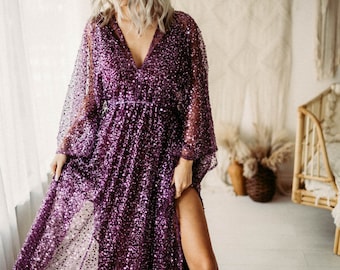 Diamonds Dress or Robe - Purple Plum- Flutter Dress Pearl beaded sequin- Magical Dresses for Weddings and Photographers