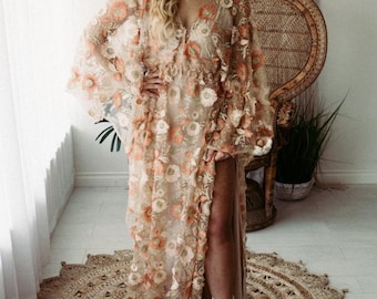 Handmade Orange Feather Fall Dress- 3d Floral Dress w