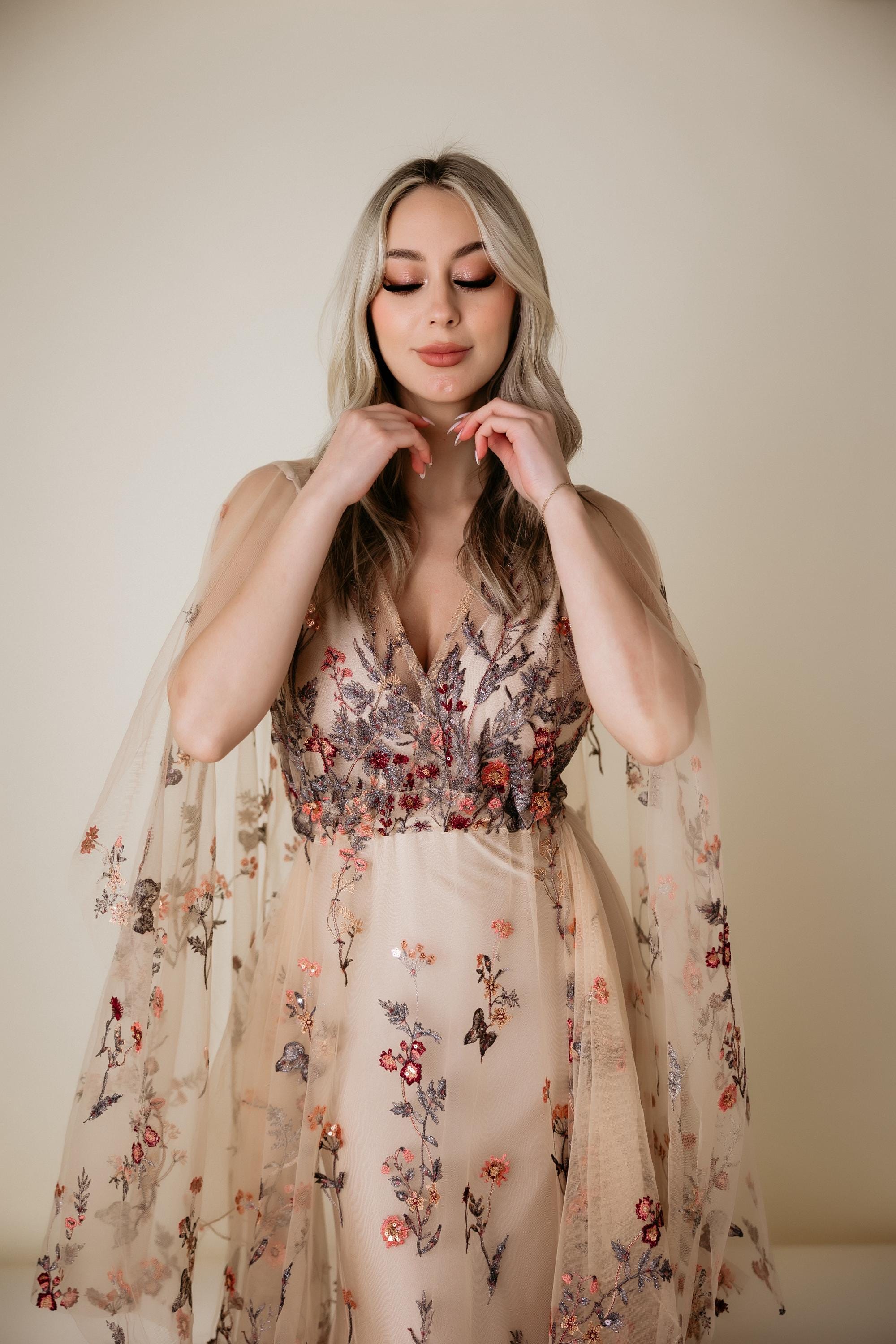slim fit dress slacks Momyknows Browm Floral Lace-Up Flare Sleeve Elegant Semi-Sheer Maternity Photoshoot Maxi Dress Brown / S main image 0