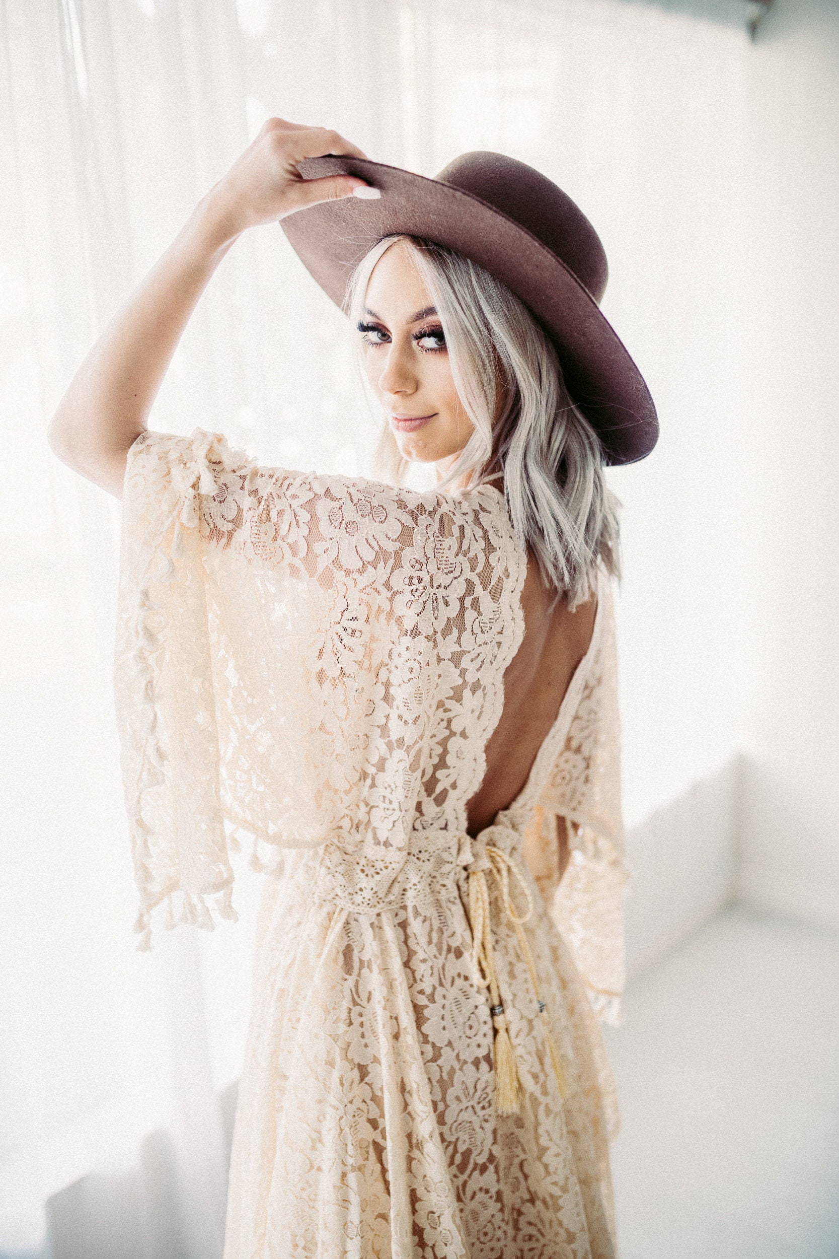 Beige Lace Boho Dress: Vintage Clover Gown Beige Lace Boho Dress: Vintage Clover Gown