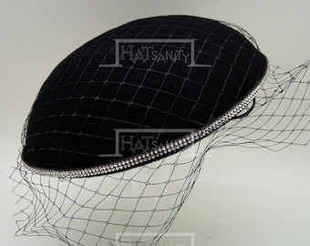 Wool Felt Beret Hat  w/ w/o Veil and Cubic BLACK (Custom made / DIY)
