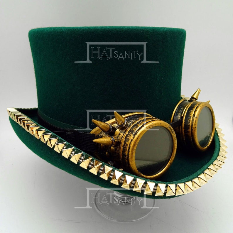 Steampunk Nude Hat for DIY Retro Wool Felt Topper Top Hat w removable Thorn Goggle and Rivets in GREEN w BLACK Band