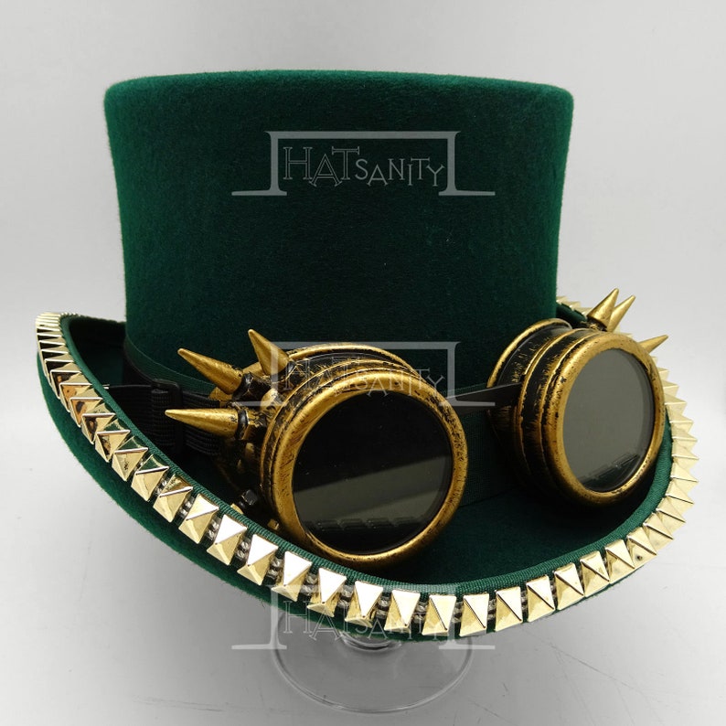 Steampunk Nude Hat for DIY Retro Wool Felt Topper Top Hat w removable Thorn Goggle and Rivets in GREEN w BLACK Band