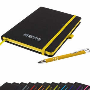 The Edge - Notizbuch und Stift / Personalisiert / Bedruckt mit Namen Perfekt für Schule oder Büro GELB mit farbigem Rand - By That's My Pencil ™