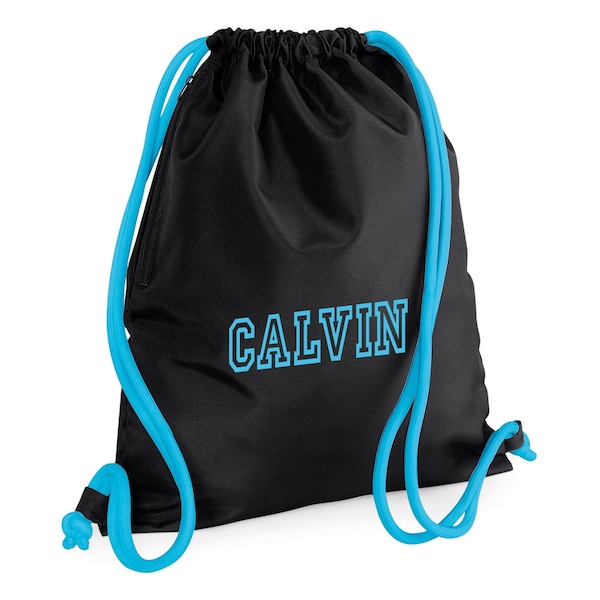 Premium Draw-String Bag Personalized / Printed with Name - Backpack Gymsac pump/swim bag with chunky draw strings - Black/Surf Blue