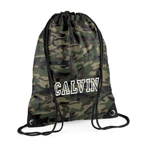 Personalized Pump/Swim Bag Printed with Name - Backpack style with draw strings - Green Camouflage