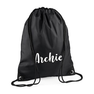 May include: Black drawstring bag with white text that says "Archie".