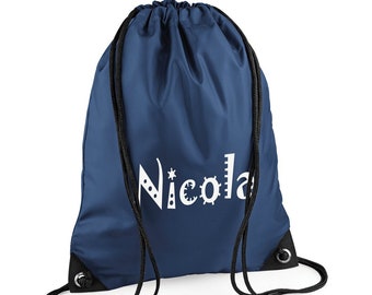 Personalized Pump/Swim Bag Printed with Name - Backpack style with draw strings - Navy Blue