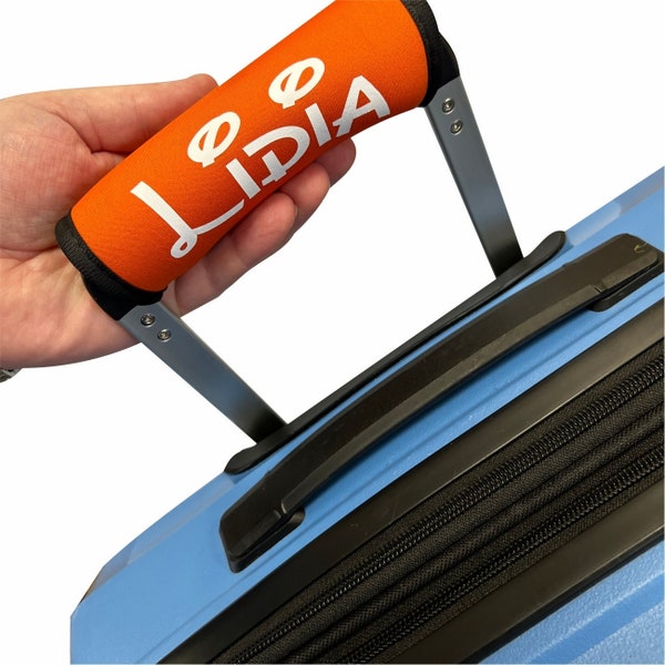 Revêtement de poignée de bagage/housse pour valise/sac Grip/identifiant de valise parfait pour voyager Revêtement en néoprène imprimé avec le nom de l'étiquette de bagage - Orange
