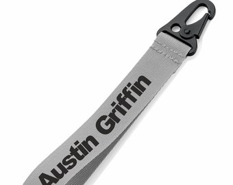Personalized Key Ring / Key Chain / Running Strap / Bag Tag / key wrist strap - Printed with Name or message - Very strong Clasp - GREY