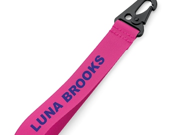 Gepersonaliseerde sleutelhanger/sleutelhanger/hardloopband/bagagelabel/sleutelpolsband - bedrukt met naam of bericht - zeer sterke sluiting - FUSHCIA