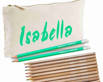 Personalised Canvas Pencil Case with 12 Colouring Pencils and 2 Black HB Pencils with Erasers - Printed in UK by 'That's My Pencil' Mint