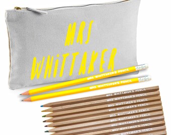 Grey Personalised Canvas Pencil Case with 12 Colouring Pencils and 2 Yellow HB Pencils with Erasers - Printed in UK by 'That's My Pencil'