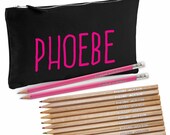 Black Personalised Canvas Pencil Case with 12 Colouring Pencils and 2 Pink HB Pencils with Erasers - Printed in UK by 'That's My Pencil'