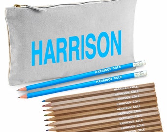 Grey Personalised Canvas Pencil Case with 12 Colouring Pencils and 2 Ocean HB Pencils with Erasers - Printed in UK by 'That's My Pencil'