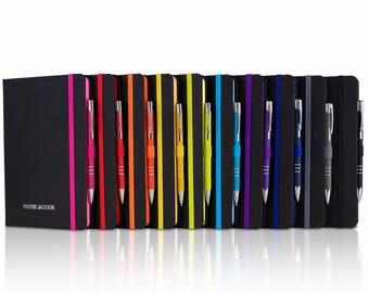 A5 Notebook and Pen / Personalized Notebook Printed with Name Perfect for school or office Black with coloured Edge - By That's My Pencil™