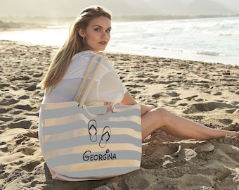 Personalized Nautical Striped Beach Bag Printed with Name  made from premium, heavyweight, 100% cotton