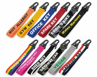 Personalised Key Ring / Key Chain / Running Strap / Bag Tag / key wrist strap - Printed with Name or message - Very strong Clasp - NAVY