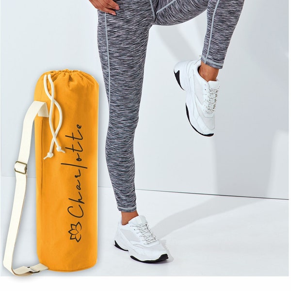 Yoga Mat Bag Printed with Name / Personalised made from premium, heavyweight, 100% organic certified cotton - Amber plus other colours