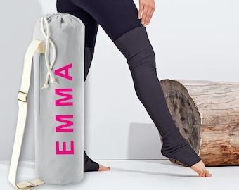 Yoga Mat Bag Printed with Name / Personalised made from premium, heavyweight, 100% organic certified cotton - Grey plus other colours