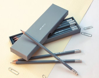 12 High Quality Personalised Pencils in a Box -Printed with Name - MID GREY (plus other colours)