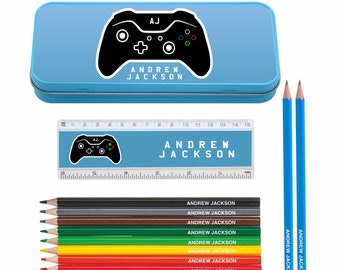 Personalized Pencil Tin with 12 Colouring Pencils & 2 HB Pencils with Erasers - Printed in UK by 'That's My Pencil' - Game Controller