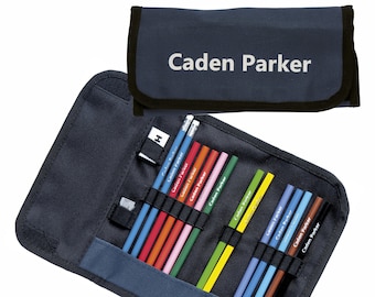Colouring Pencils and HB Pencils in a Wrap Case Personalized with Name - Navy Blue
