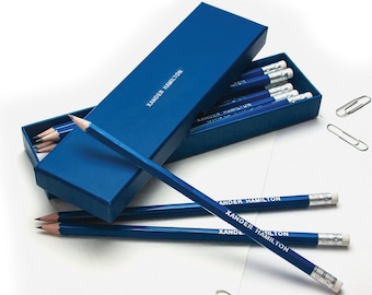 High Quality Personalised Pencils in a Box -Printed with Name - NAVY BLUE (plus other colours)