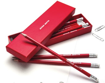 12 High Quality Personalised Pencils in a Box -Printed with Name - RED (plus other colours)
