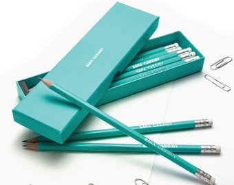 12 High Quality Personalised Pencils in a Box -Printed with Name - AQUAMARINE (plus other colours) New Colour