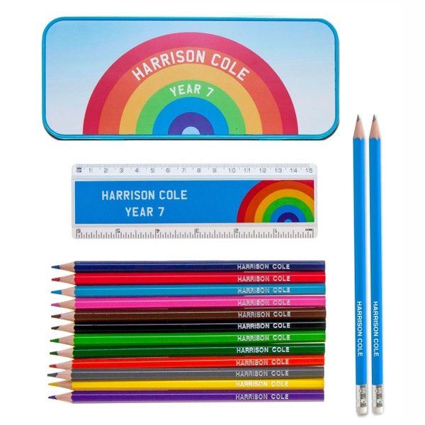 Personalised Pencil Tin with 12 Personalized Colouring Pencils & 2 HB Pencils with Erasers - Printed in UK by 'That's My Pencil' - Rainbow