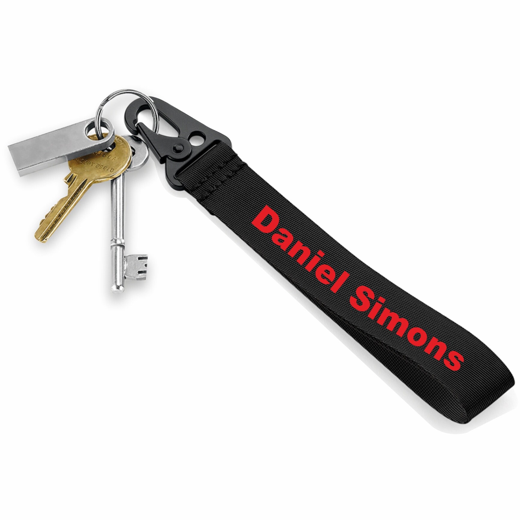 Personalised Key Ring / Key Chain / Running Strap / Bag Tag / key wrist strap - Printed with Name or message - Very strong Clasp - BLACK