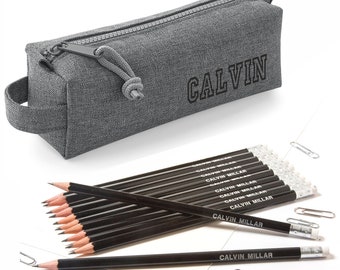 Personalised Block Style Pencil Case with 12 matching Personalized HB Pencils with Erasers - Printed in UK by 'That's My Pencil' - Jet Black