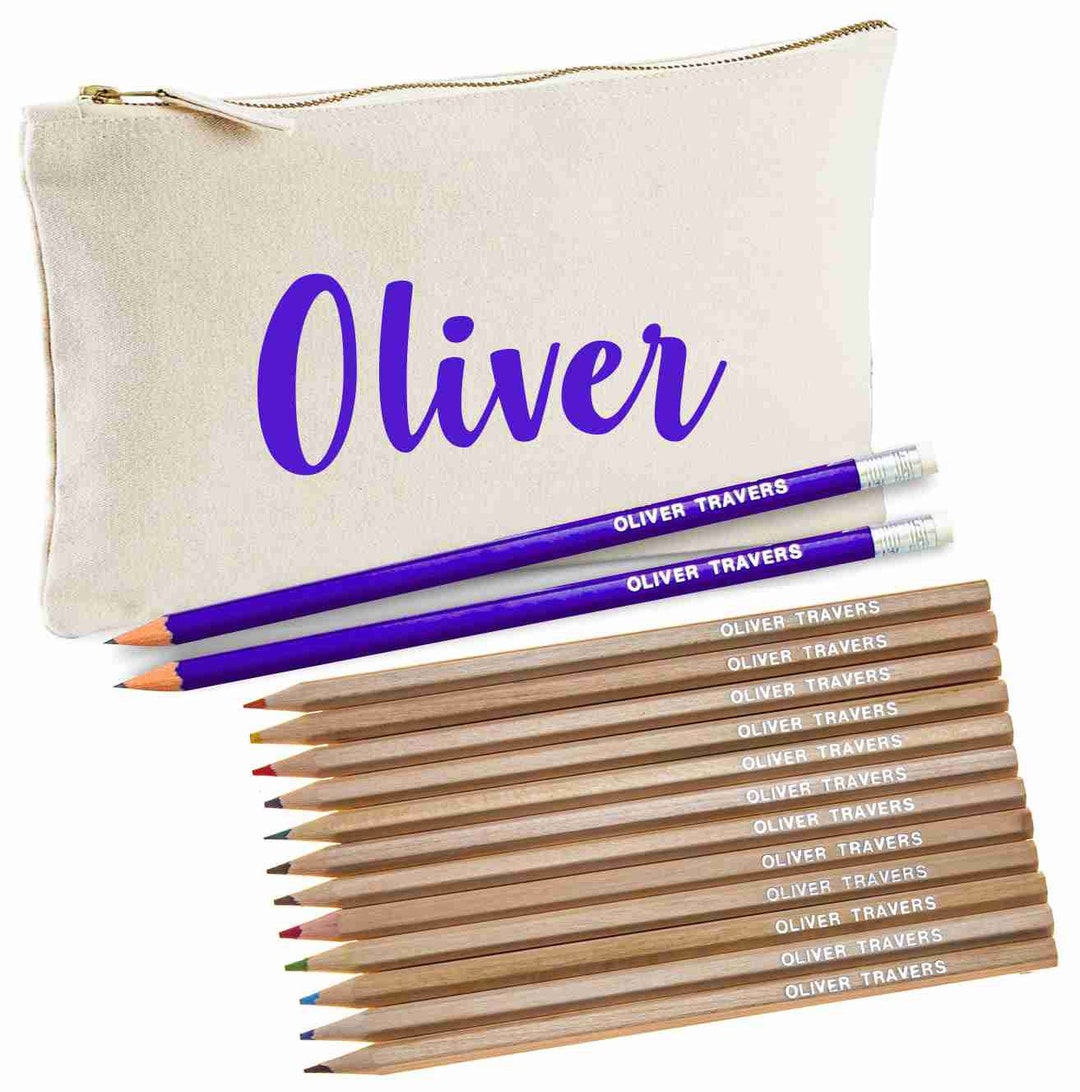 Personalised Canvas Pencil Case With 12 Colouring Pencils and 2 Bottle ...