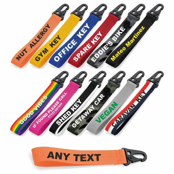 Personalised Key Ring / Key Chain / Running Strap / Bag Tag / Key Wrist  Strap Printed With Name or Message Very Strong Clasp NAVY 