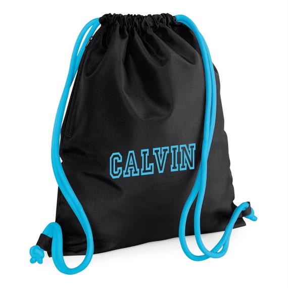 Black Personalised Gym Sack Pump Swim Drawstring Bag Printed with name 
