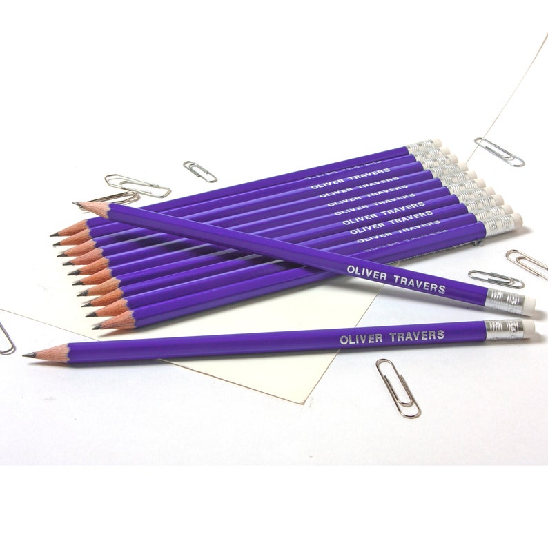12 High Quality Personalised Pencils Printed with Name Glacier White or see other colours listed Bright Purple